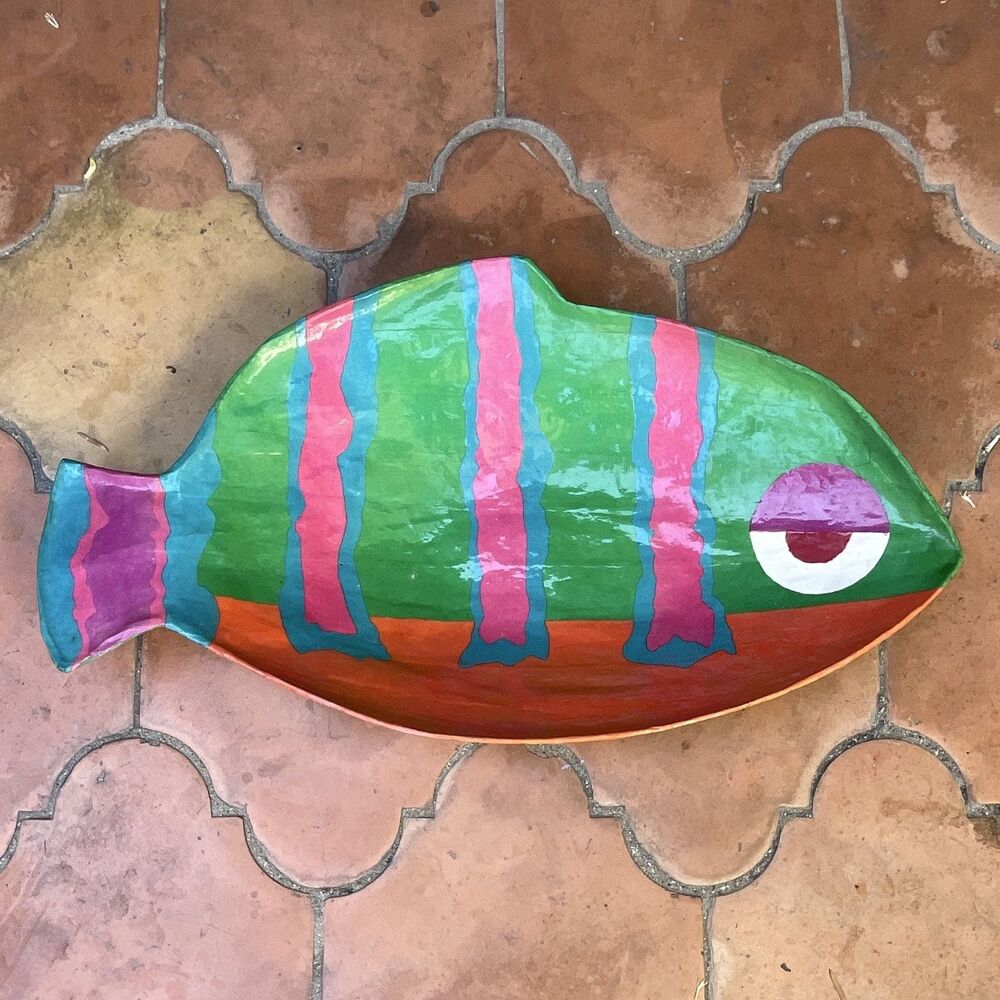 Hand-Painted Paper Machè Fish Platter , Green Pink Purple, Made in Thailand